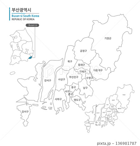 A map of Busan, South Korea, which marks administrative districts with black lines on a white background 136981787