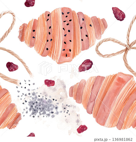 Croissant pattern with dried cranberries and poppy seeds, hand-painted watercolor illustration on white background. Seamless bakery design for packaging, textile print, wrapping paper and branding Croissant pattern with dried cranberries and poppy seeds, hand-painted watercolor illustration on white background. Seamless bakery design for packaging, textile print, wrapping paper and branding 136981862