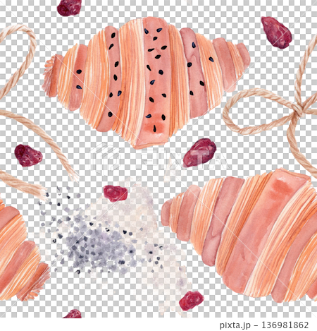 Croissant pattern with dried cranberries and poppy seeds, hand-painted watercolor illustration on white background. Seamless bakery design for packaging, textile print, wrapping paper and branding Croissant pattern with dried cranberries and poppy seeds, hand-painted watercolor illustration on white background. Seamless bakery design for packaging, textile print, wrapping paper and branding 136981862