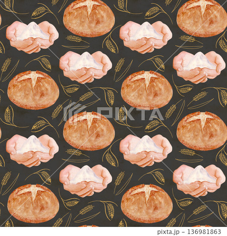 Bread, flour in cupped hands, golden wheat elements watercolor seamless pattern on a dark background. Natural bakery theme, warm tones, ideal for packaging, branding, menus, and artisan food projects Bread, flour in cupped hands, golden wheat elements watercolor seamless pattern on a dark background. Natural bakery theme, warm tones, ideal for packaging, branding, menus, and artisan food projects 136981863