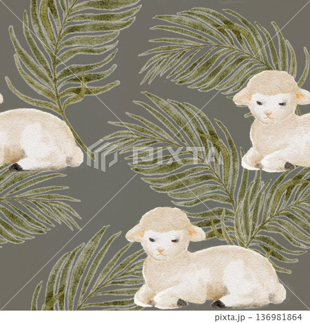 Seamless pattern with lamb and palm leaves, hand-painted watercolor on gray, calm Christian composition for Easter design, faith branding, textiles, packaging, stationery, seasonal backgrounds Seamless pattern with lamb and palm leaves, hand-painted watercolor on gray, calm Christian composition for Easter design, faith branding, textiles, packaging, stationery, seasonal backgrounds 136981864