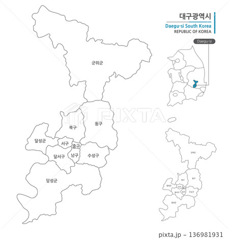A map of Daegu, Korea, which shows administrative districts with black lines on a white background A map of Daegu, Korea, which shows administrative districts with black lines on a white background 136981931