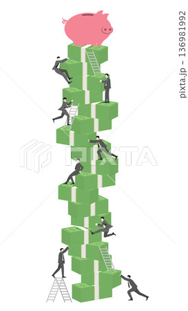 Business team building a very high stack of banknotes with ladders and a pink piggy bank on the top for financial climbing and achievement concept Business team building a very high stack of banknotes with ladders and a pink piggy bank on the top for financial climbing and achievement concept 136981992
