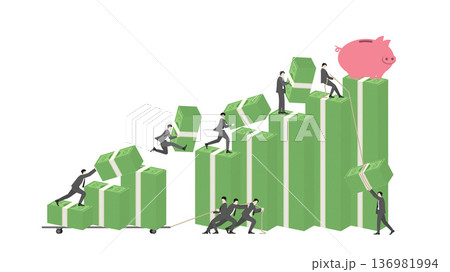 Business teamwork building financial growth and wealth accumulation concept with businessmen stacking banknotes and a pink piggy bank on the top goal 136981994