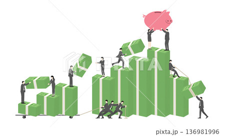 Diverse business team of men and women working together to build financial growth with banknote stacks and a piggy bank on top for wealth accumulation 136981996