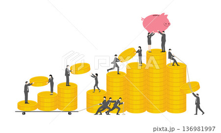 Diverse business team of men and women working together to build financial success with gold coin stacks and a piggy bank on top for wealth investment 136981997