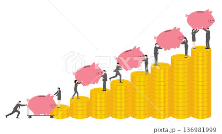 Diverse business team of men and women delivering piggy banks on gold coin stacks for financial success, wealth accumulation and money saving concept 136981999