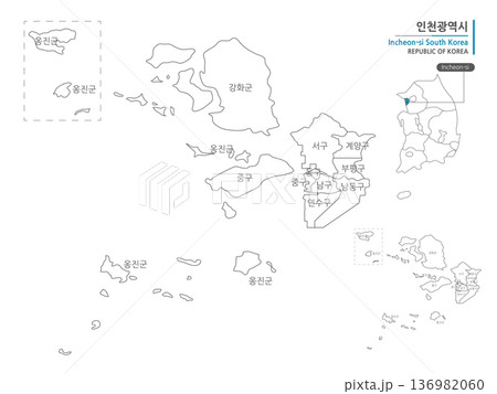 Map of Incheon, South Korea, which marks administrative districts with black lines on a white background Map of Incheon, South Korea, which marks administrative districts with black lines on a white background 136982060