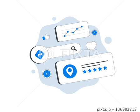 Local business reviews and ratings dashboard, location feedback stars customer metrics for local review ecosystem digital marketing analytics UI, modern flat infographic, vector illustration Local business reviews and ratings dashboard, location feedback stars customer metrics for local review ecosystem digital marketing analytics UI, modern flat infographic, vector illustration 136982215