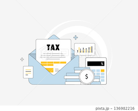 Tax payment notification with digital bill report, envelope, calculator and coin stack for finance accounting services, tax planning, savings advice for corporate compliance season vector illustration Tax payment notification with digital bill report, envelope, calculator and coin stack for finance accounting services, tax planning, savings advice for corporate compliance season vector illustration 136982216