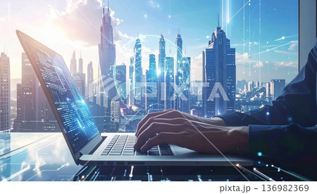 AI・DX時代の明るい未来都市とパソコン操作 136982369