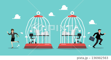 Businessman break free from toxic working desk bird cage. Businessman break free from toxic working desk bird cage. 136982563
