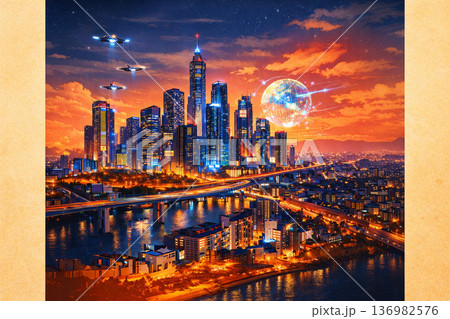 夕焼けに輝く未来都市とデジタルネットワークのコンセプトイメージ 136982576