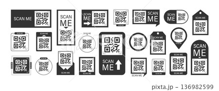 Scan me Frame. Quick mobile payment with barcode or QR code. Click icon and CTA button in modern Frame for your app or shop now. Minimalist Vector illustration 136982599