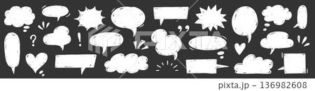 Speech doodle chalk balloon set. Speech doodle hand drawn crayon sketch on chalkboard . Balloon cloud text frame cartoon sticker comic dialog on vintage school blackboard. Vector Speech doodle chalk balloon set. Speech doodle hand drawn crayon sketch on chalkboard . Balloon cloud text frame cartoon sticker comic dialog on vintage school blackboard. Vector 136982608