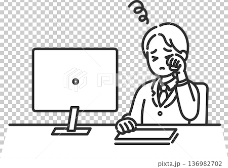 一位眼睛疲勞的商人的插圖（僅線條畫） 136982702