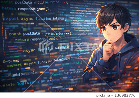 プログラミングを学ぶ若い男性 エンジニア イメージ 背景に抽象的コード プログラミングを学ぶ若い男性 エンジニア イメージ 背景に抽象的コード 136982776