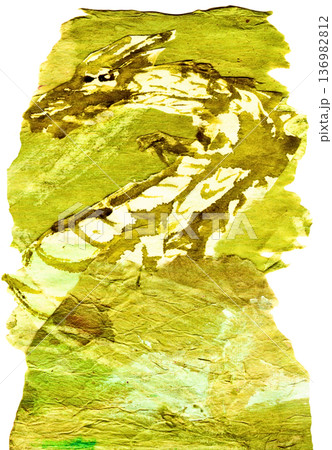 和紙に水彩で龍を描いた黄緑色の手描きイラスト素材 和紙に水彩で龍を描いた黄緑色の手描きイラスト素材 136982812