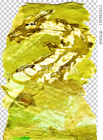 和紙に水彩で龍を描いた黄緑色の手描きイラスト素材 和紙に水彩で龍を描いた黄緑色の手描きイラスト素材 136982812