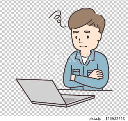 Illustration of a male worker struggling with PC operation Illustration of a male worker struggling with PC operation 136982838