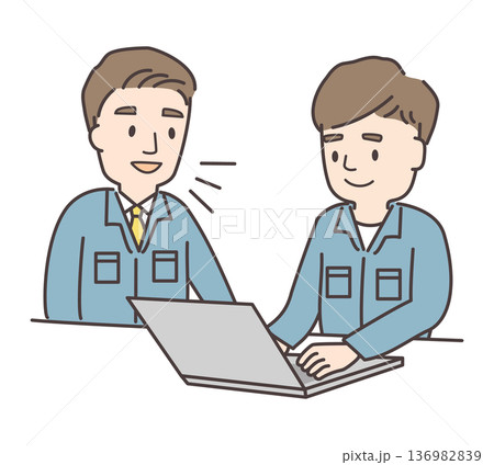 上司からPC作業を教わる男性作業員のイラスト 136982839
