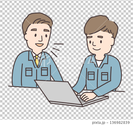 上司からPC作業を教わる男性作業員のイラスト 136982839