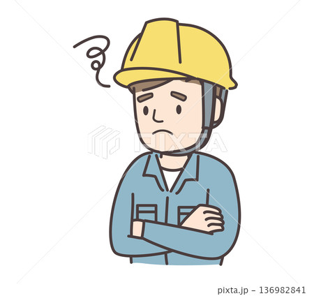 腕を組んで悩む男性作業員のイラスト 136982841