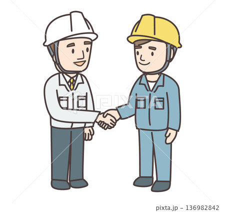 色違いの作業服を着た男性2人が握手する全身イラスト 136982842