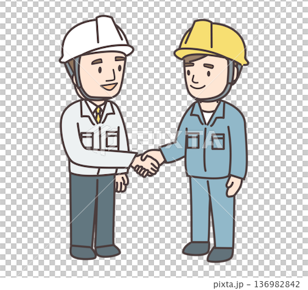 色違いの作業服を着た男性2人が握手する全身イラスト 136982842