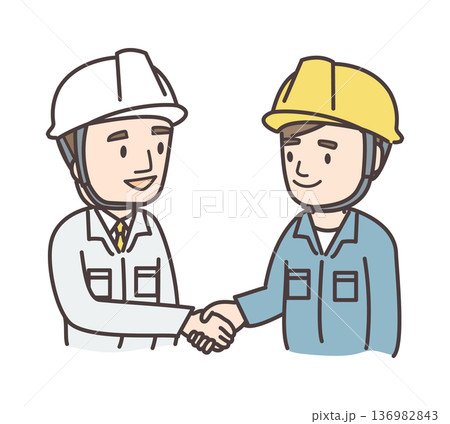 色違いの作業服を着た男性2人が握手する上半身イラスト 136982843