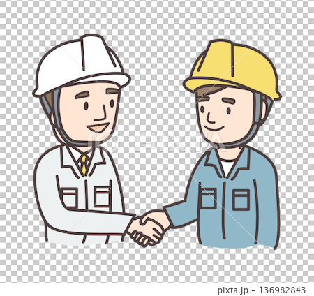 色違いの作業服を着た男性2人が握手する上半身イラスト 136982843