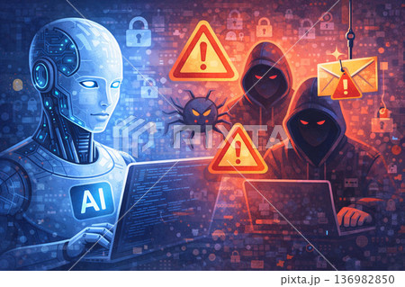 AIとサイバー攻撃の脅威イメージ|フィッシング・マルウェア対策 AIとサイバー攻撃の脅威イメージ|フィッシング・マルウェア対策 136982850