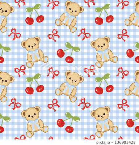 Cute blue teddy bear gingham with cherry and bow seamless pattern 136983428