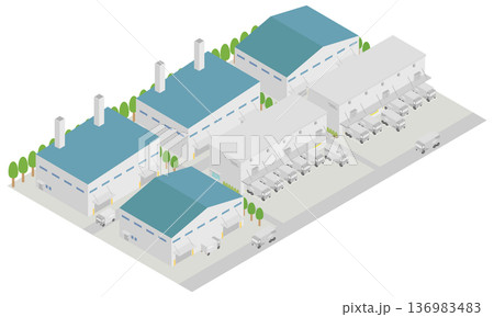 工場や倉庫のある工業団地のアイソメトリックイラスト 136983483