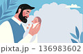 Father holding a newborn baby. A man with a baby in his arms. Father s Day poster. Flat vector illustration with copy space for text. Concept of fatherhood and raising children. 136983602