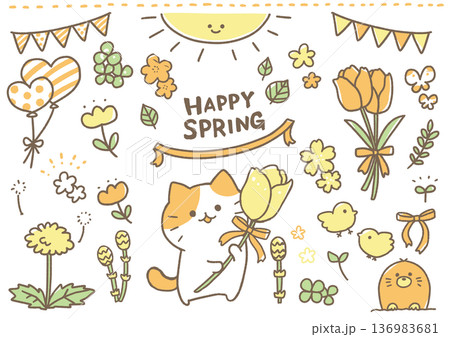 春の猫手描きイラスト 136983681