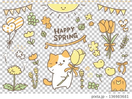 春の猫手描きイラスト 136983681