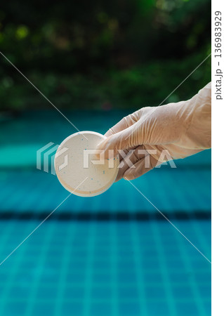 Gloved hand holding chlorine tablet above clear blue swimming pool water, outdoor pool maintenance concept with tropical background Gloved hand holding chlorine tablet above clear blue swimming pool water, outdoor pool maintenance concept with tropical background 136983929