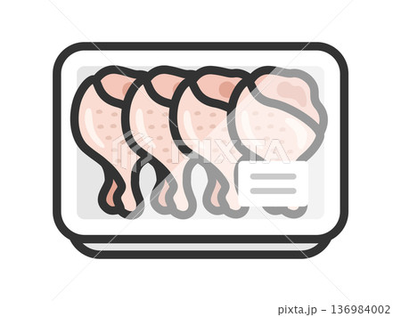 スーパーのパックに入った、生の手羽元のアイコン(線画カラー)のイラスト スーパーのパックに入った、生の手羽元のアイコン(線画カラー)のイラスト 136984002