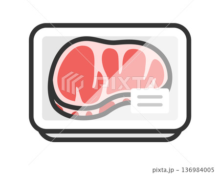 スーパーのパックに入った、ステーキ肉のアイコン（線画カラー）のイラスト 136984005