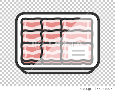 超市包裝上的五花肉圖示插圖（線條描彩色）。 136984007