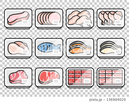 一組超市包裝中新鮮魚肉圖示的插圖（線條畫，彩色） 136984020