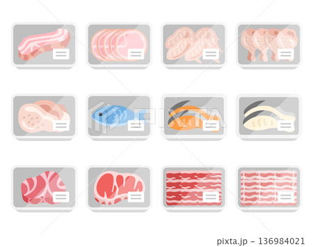 スーパーのパックに入った、鮮魚とお肉のアイコンのイラストセット スーパーのパックに入った、鮮魚とお肉のアイコンのイラストセット 136984021