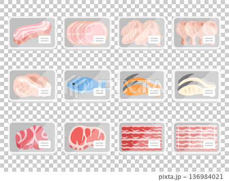 スーパーのパックに入った、鮮魚とお肉のアイコンのイラストセット スーパーのパックに入った、鮮魚とお肉のアイコンのイラストセット 136984021