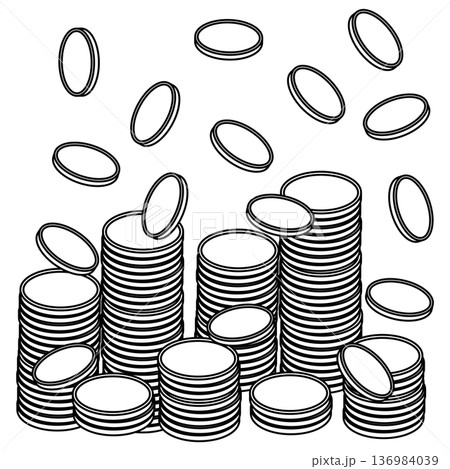 降り注ぐ大量の金貨と積み上げられたコインの山 降り注ぐ大量の金貨と積み上げられたコインの山 136984039