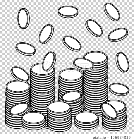 降り注ぐ大量の金貨と積み上げられたコインの山 降り注ぐ大量の金貨と積み上げられたコインの山 136984039
