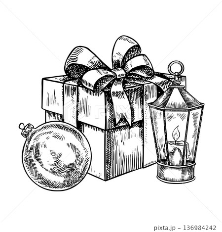 Christmas composition, gift box, lantern, and Christmas ball. Black and white graphics, handmade vector illustrations. For greeting and invitation cards, posters, banners, packaging, and more. Christmas composition, gift box, lantern, and Christmas ball. Black and white graphics, handmade vector illustrations. For greeting and invitation cards, posters, banners, packaging, and more. 136984242