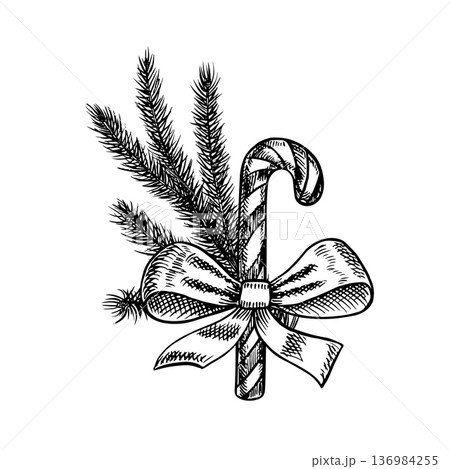Christmas candy cane decorated with a bow and fir twigs. Black and white graphics, handmade vector illustrations. Perfect for Christmas cards, posters, banners, packaging, and more. Christmas candy cane decorated with a bow and fir twigs. Black and white graphics, handmade vector illustrations. Perfect for Christmas cards, posters, banners, packaging, and more. 136984255