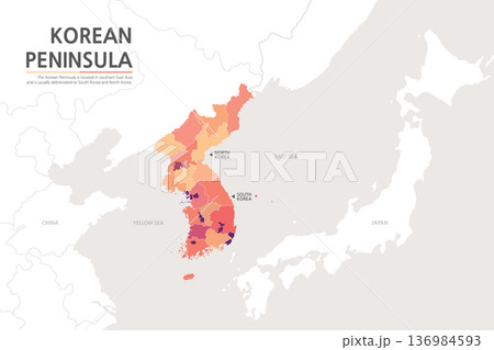 A map of the Korean Peninsula divided by various red tones on the background of a map of Northeast Asia 136984593