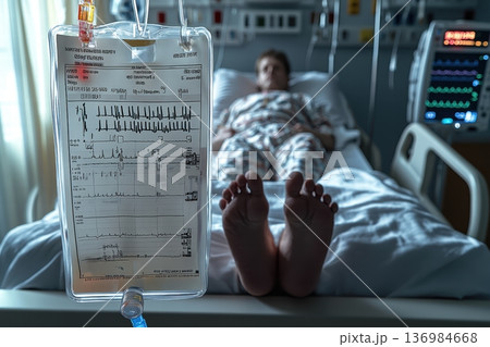 Peaceful medical environment with subdued lighting and solitary presence, Serene hospital setting where patient reclines peacefully beneath gentle blue illumination 136984668